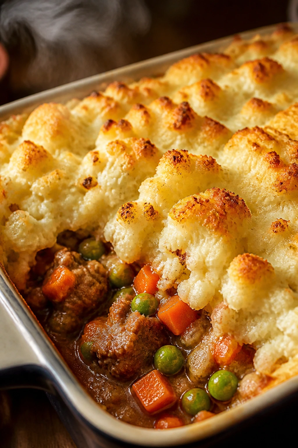Cauliflower-topped sausage shepherd's pie in a baking dish