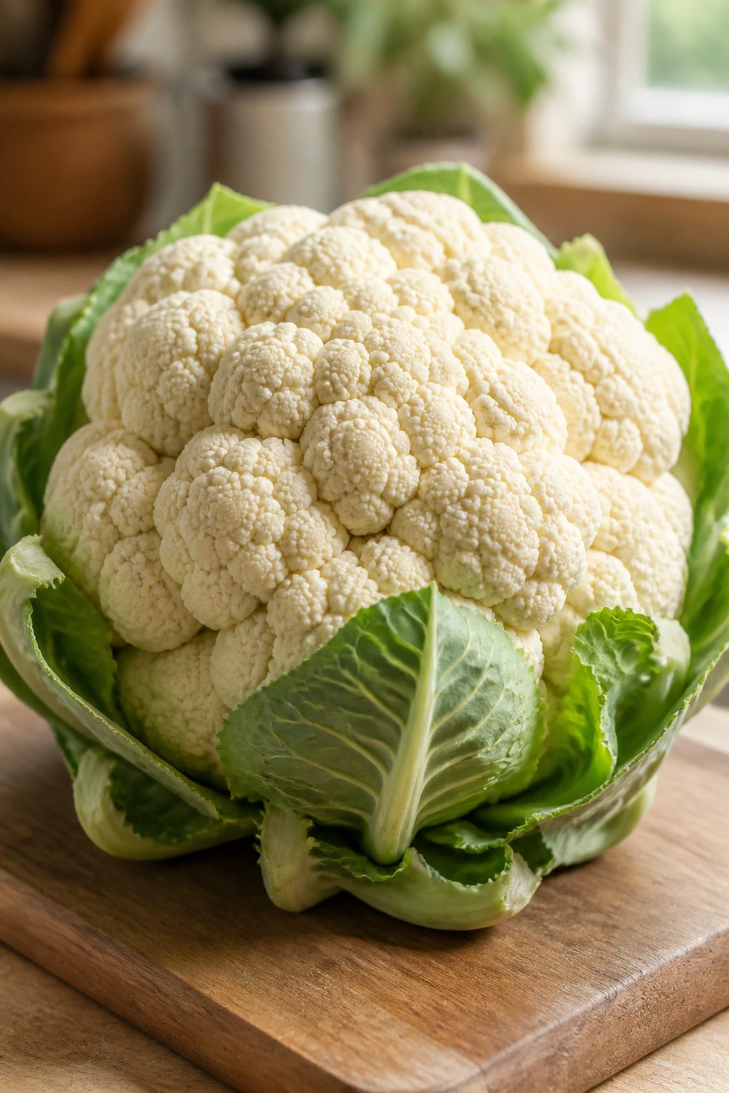 Fresh cauliflower head on cutting board, highlighting ingredient selection