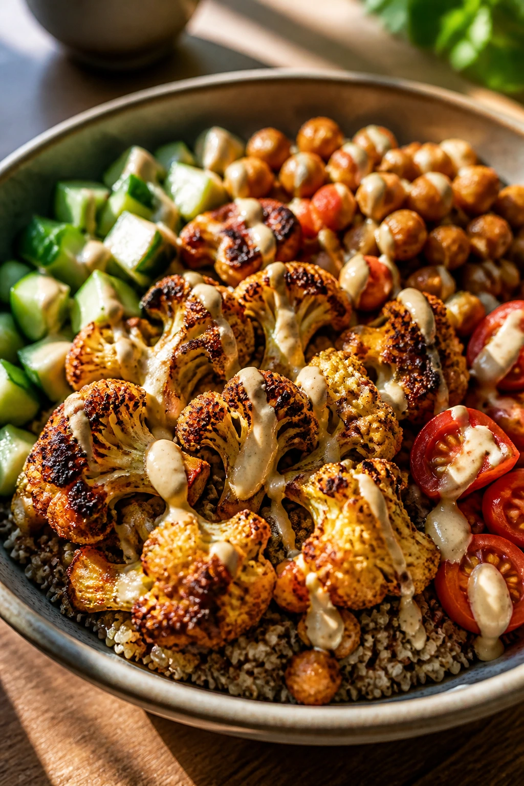 Cauliflower shawarma bowl with quinoa and veggies in a sunlit kitchen
