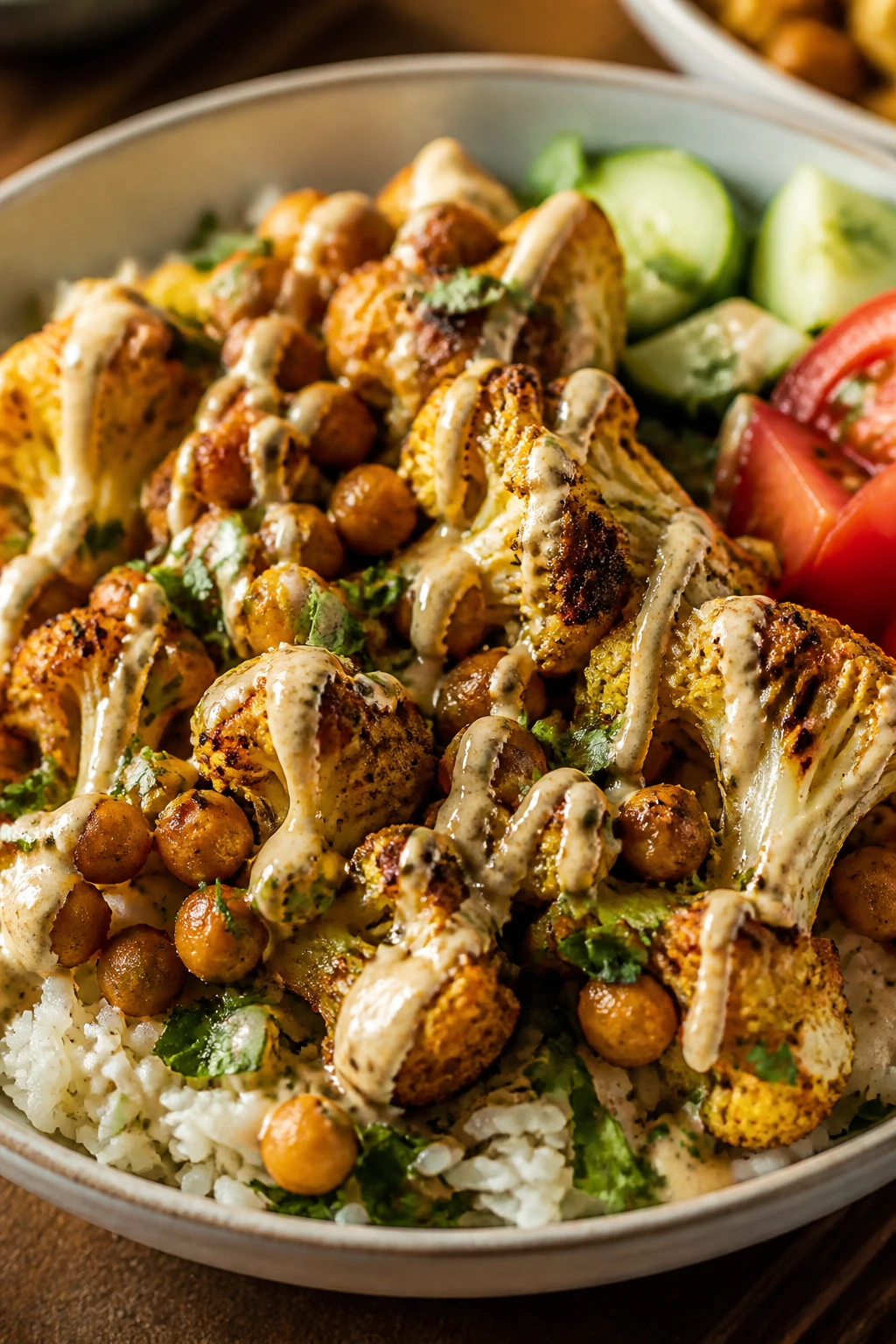 Cauliflower shawarma bowl with roasted cauliflower and chickpeas over rice with tahini drizzle
