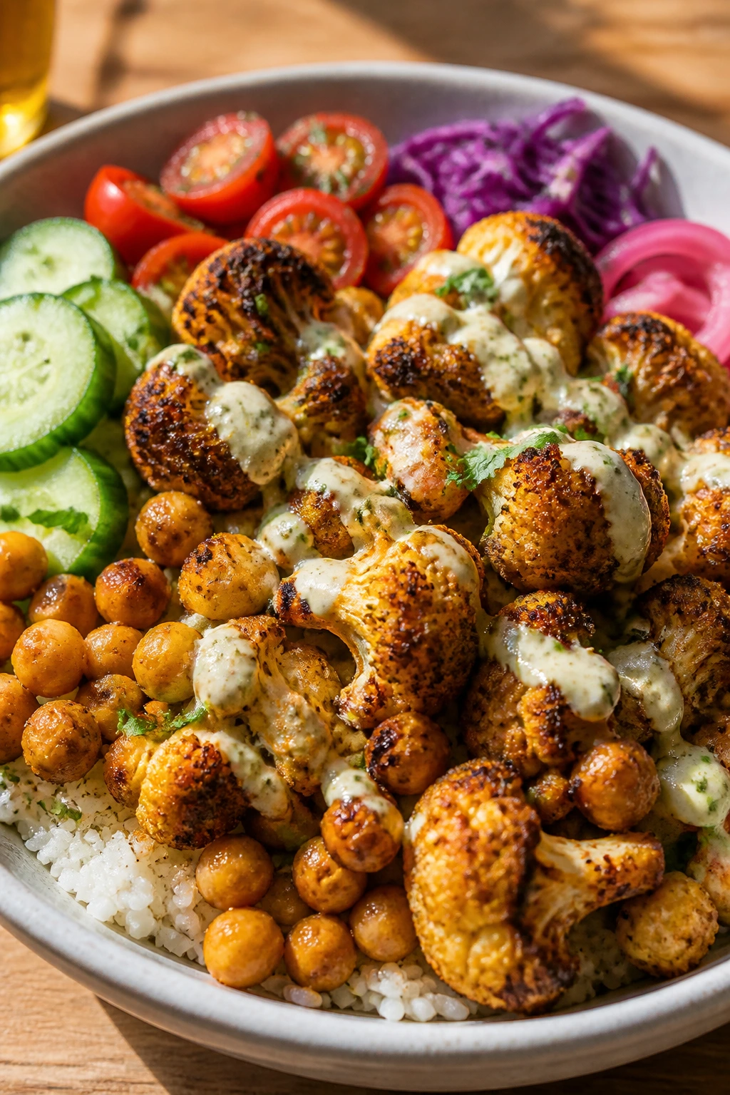 Close-up of roasted cauliflower shawarma bowl with tahini drizzle