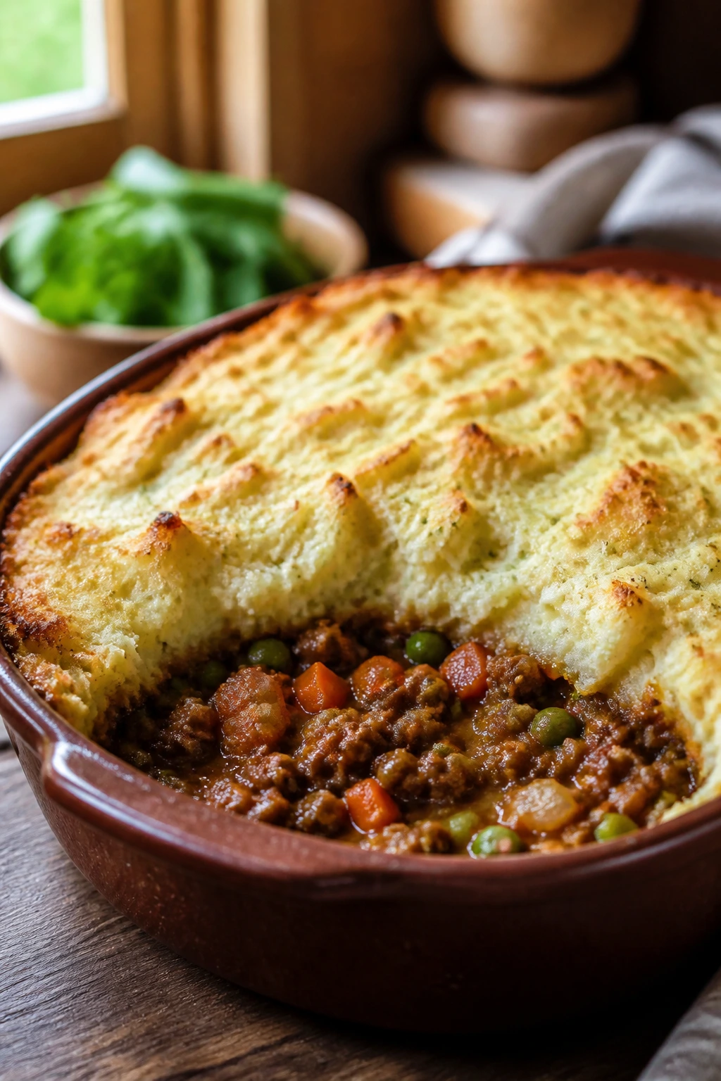 Close-up of cauliflower shepherd’s pie with fluffy topping and beef filling in a rustic dish