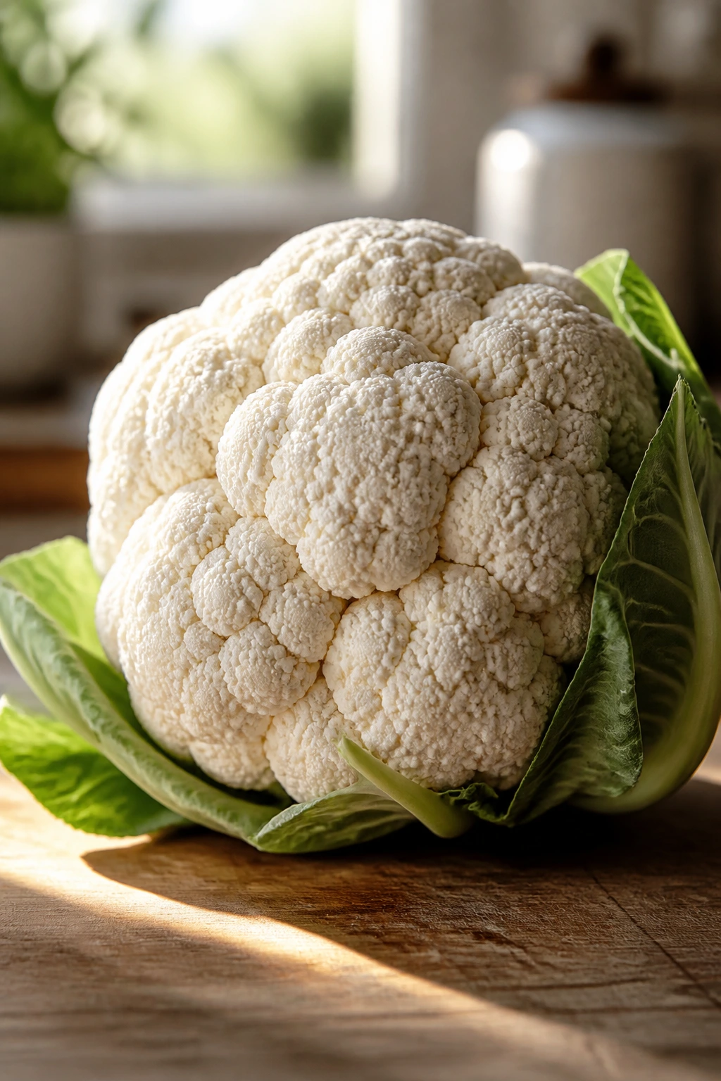Fresh cauliflower head on a kitchen counter in natural light