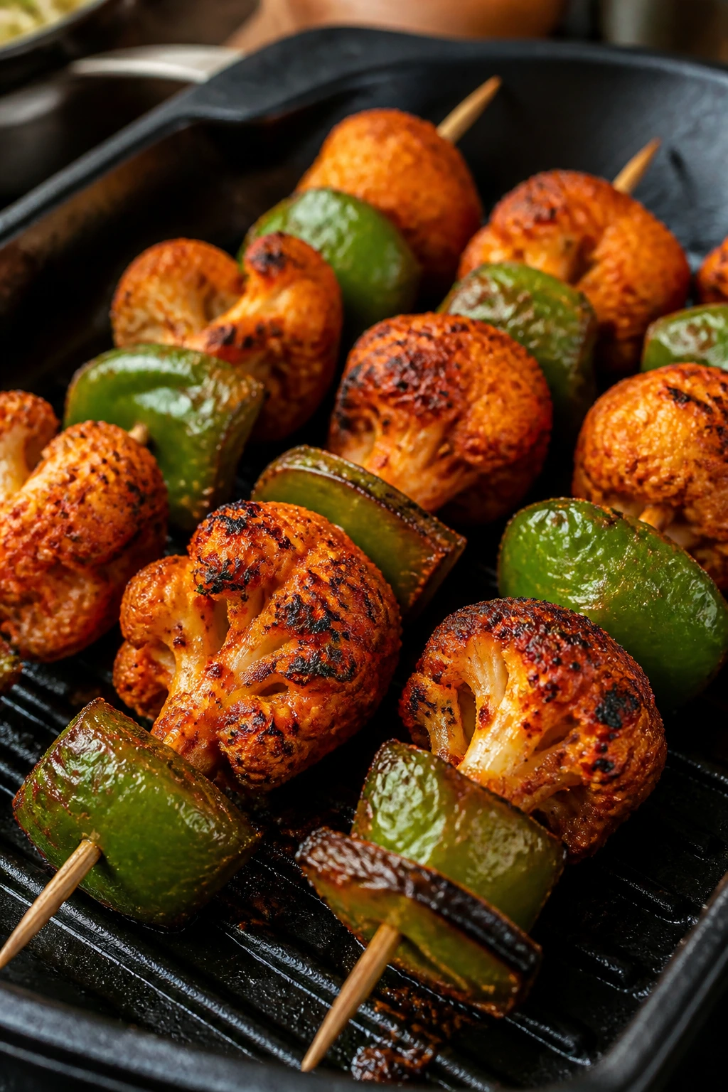 Close-up of tandoori cauliflower and green pepper skewers with spice color
