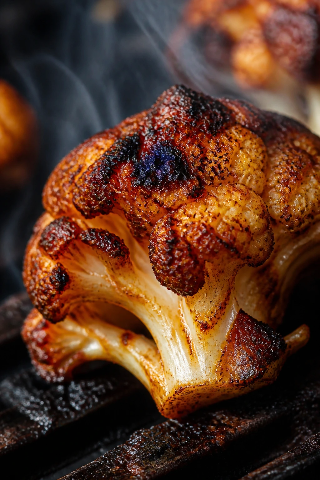 Charred cauliflower florets with smoky glaze on grill