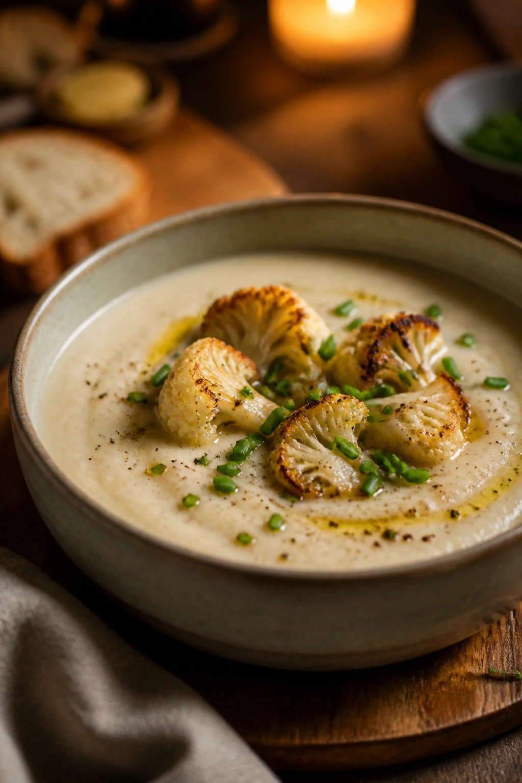 Soup bowl topped with roasted cauliflower and chives