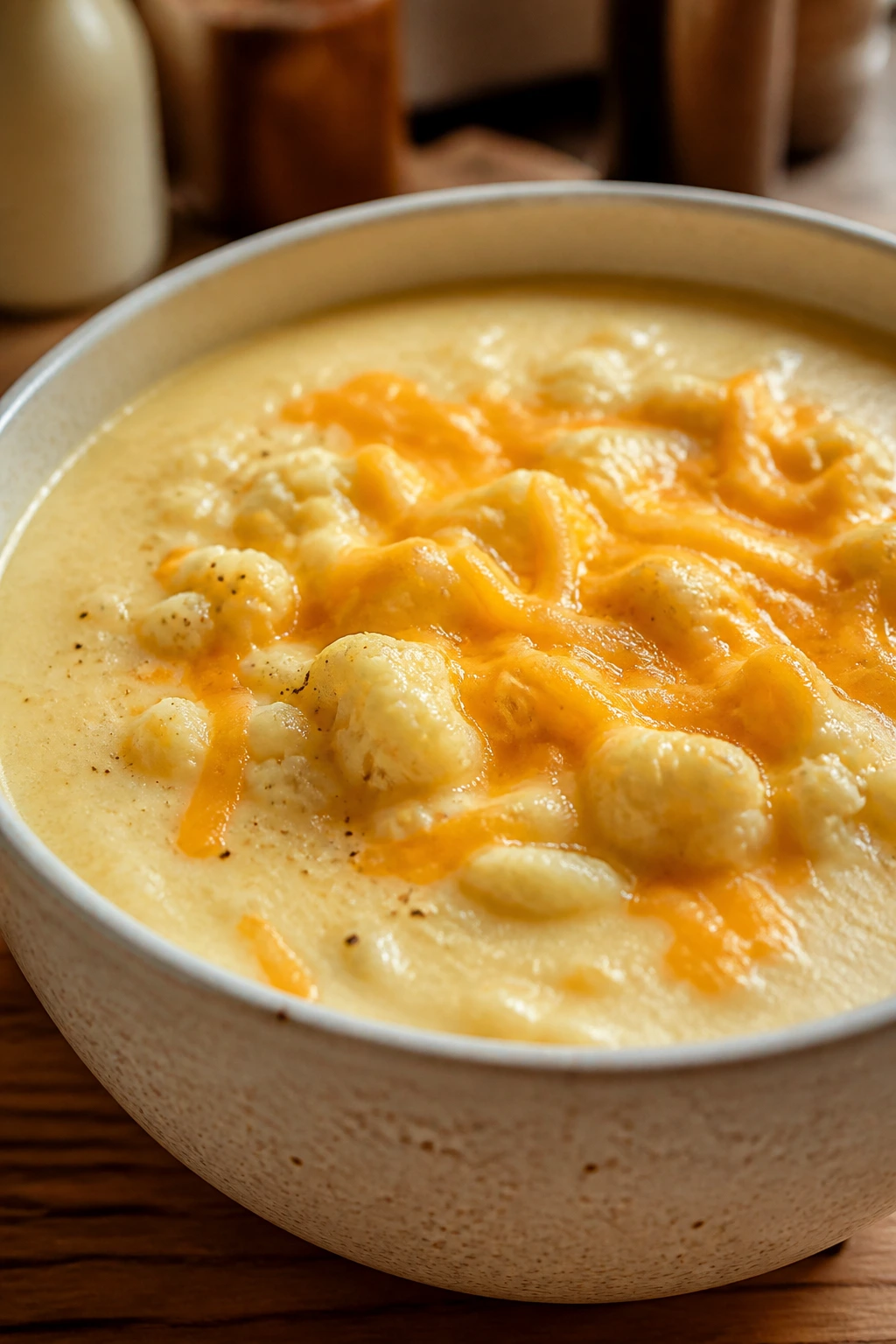 Creamy cauliflower soup with cheddar topping in a bowl.