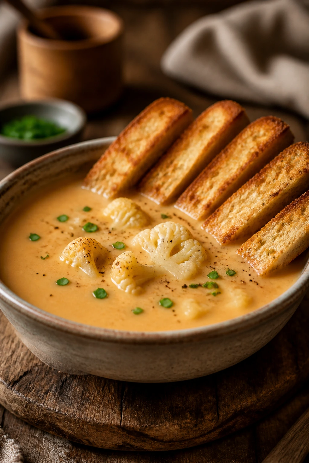 Creamy cheddar cauliflower soup with toast soldiers