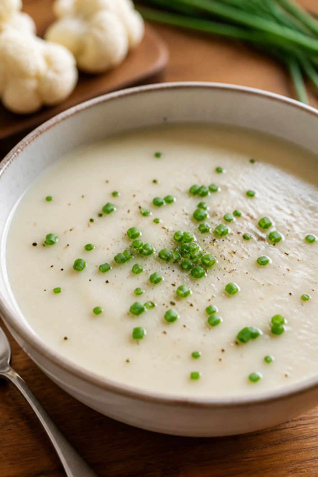 Close-up of creamy cauliflower soup with chives on top