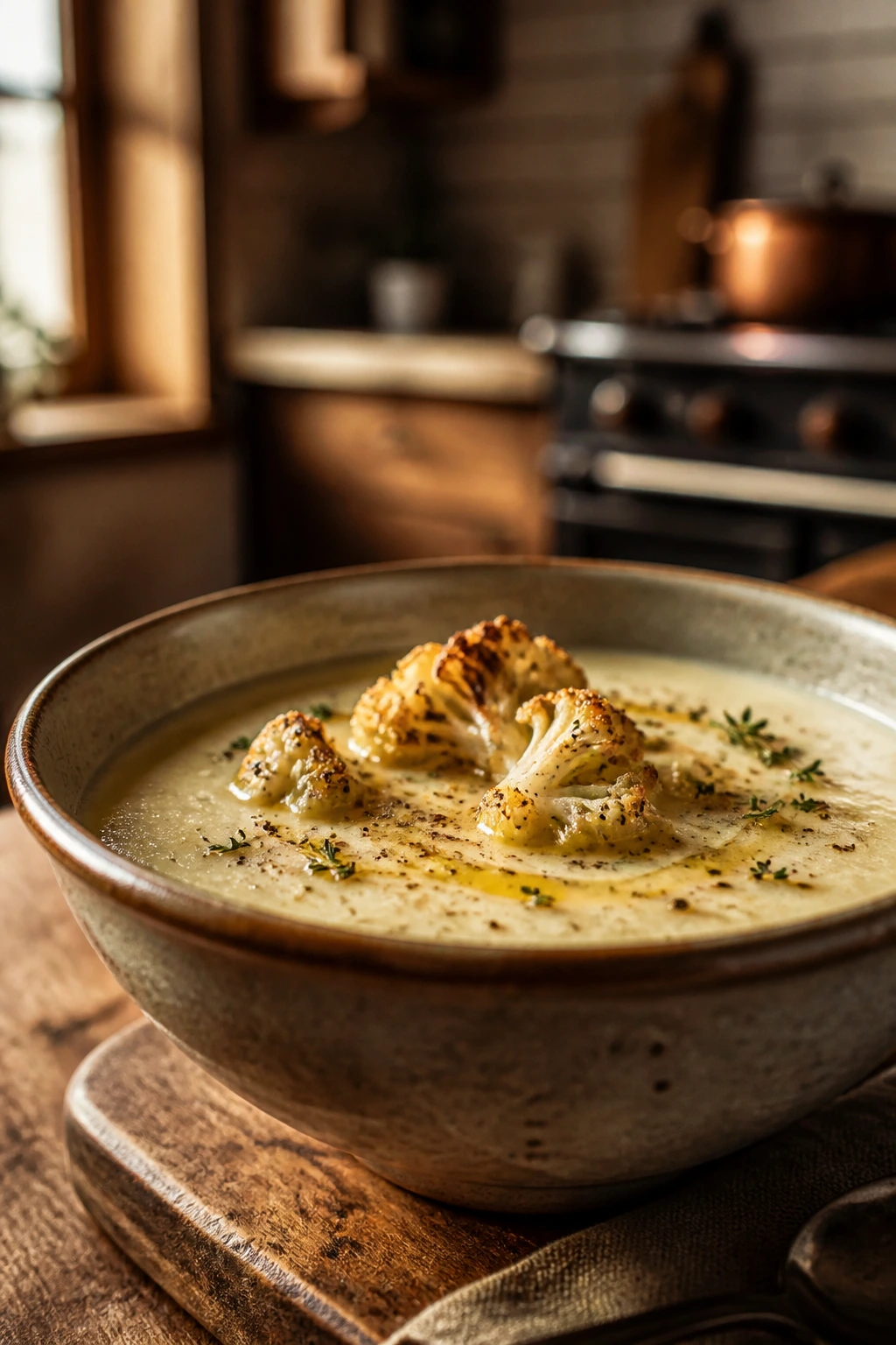 Creamy cauliflower soup in a rustic bowl with roasted florets on top in a cozy kitchen