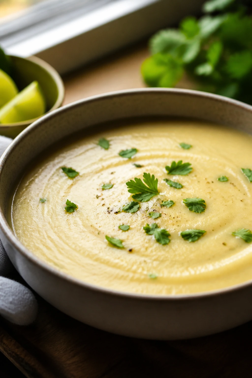 Close-up of pale curried cauliflower soup with cilantro garnish