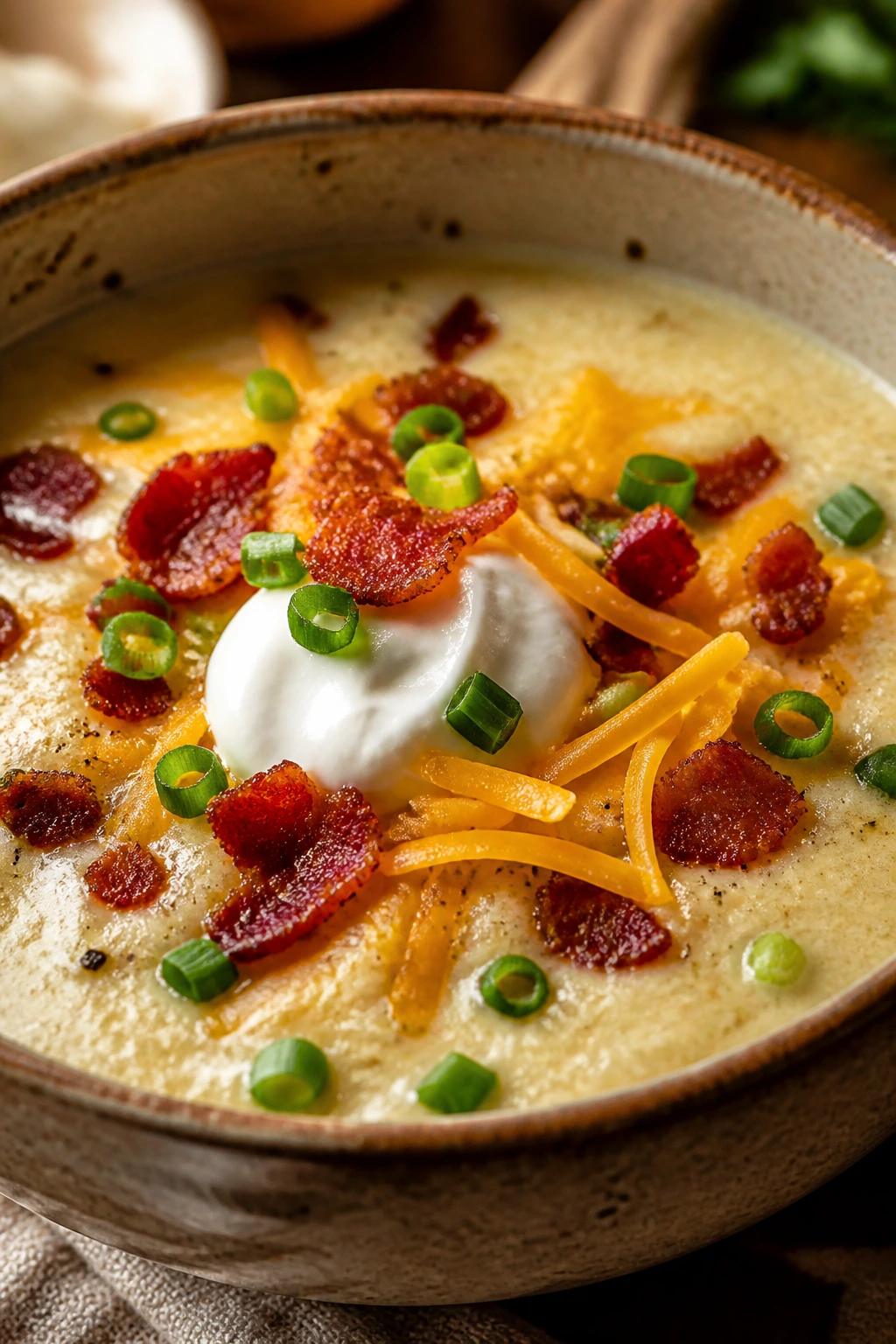 Close-up of loaded cauliflower soup with bacon and cheddar in a rustic bowl