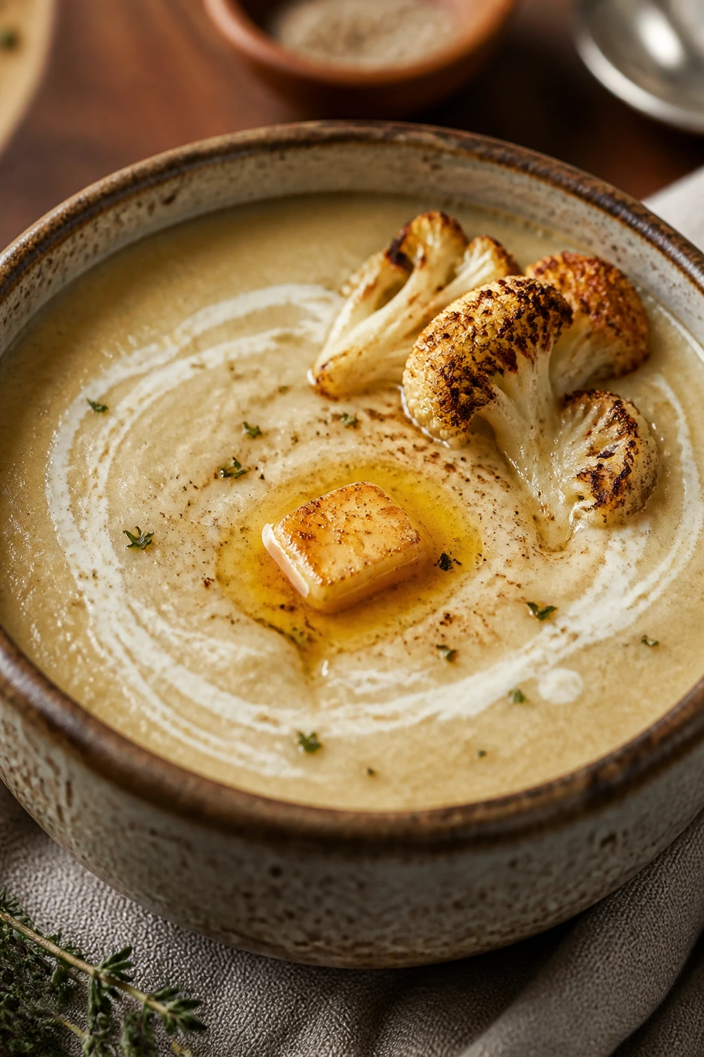 Close-up of creamy cauliflower soup with miso swirl and browned butter in a rustic bowl