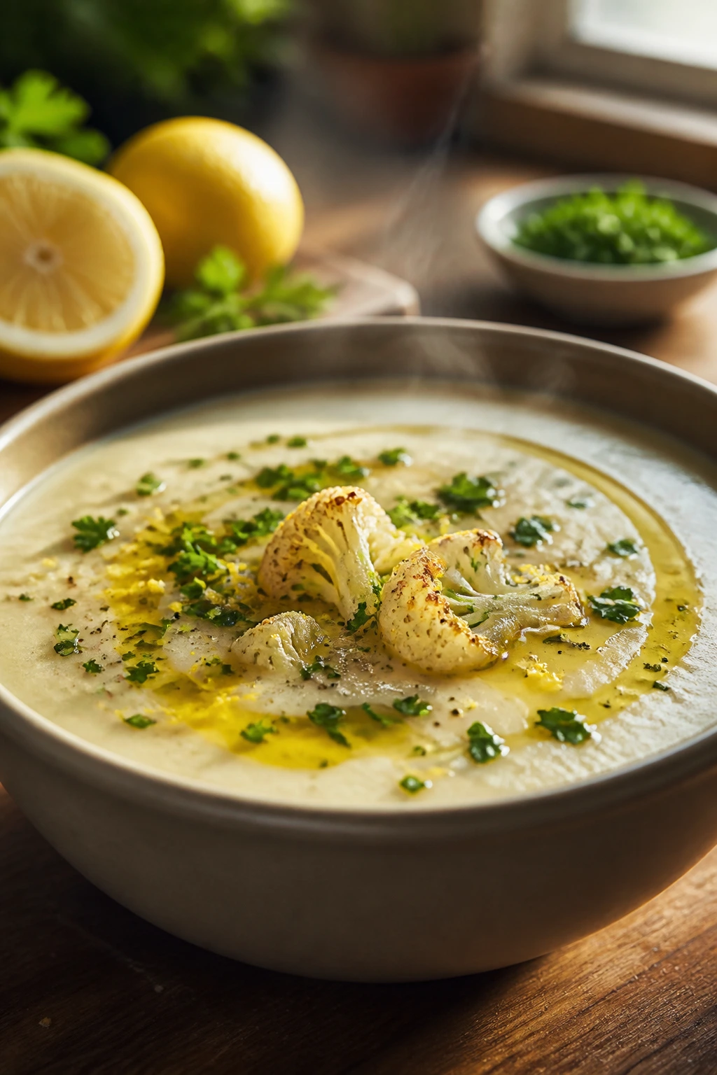 Close-up of cauliflower soup with olive oil, lemon zest, and herbs as finishing touches