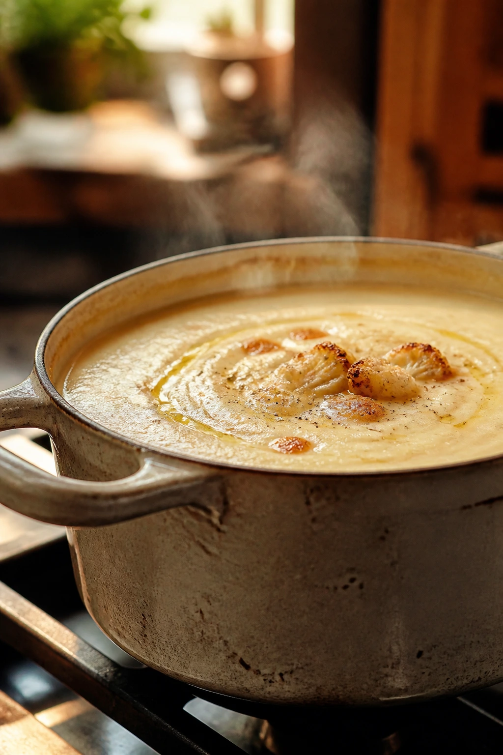 Creamy cauliflower soup simmering in a heavy pot in a cozy kitchen