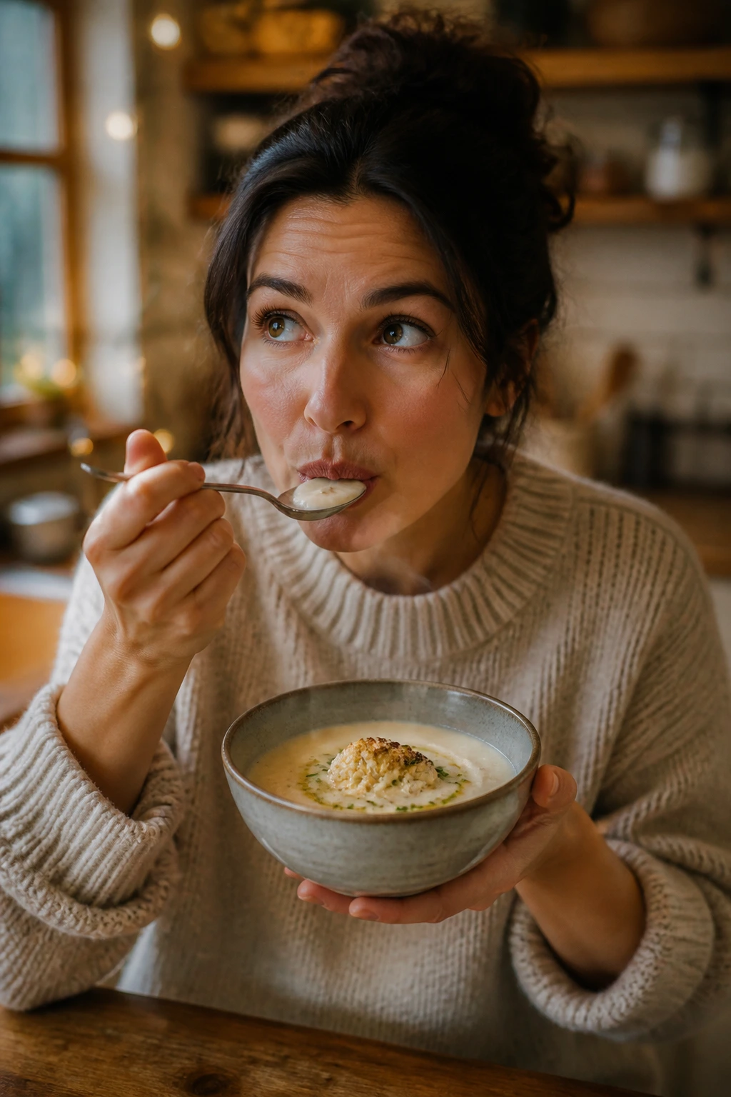 Real person tasting warm cauliflower soup in a cozy kitchen
