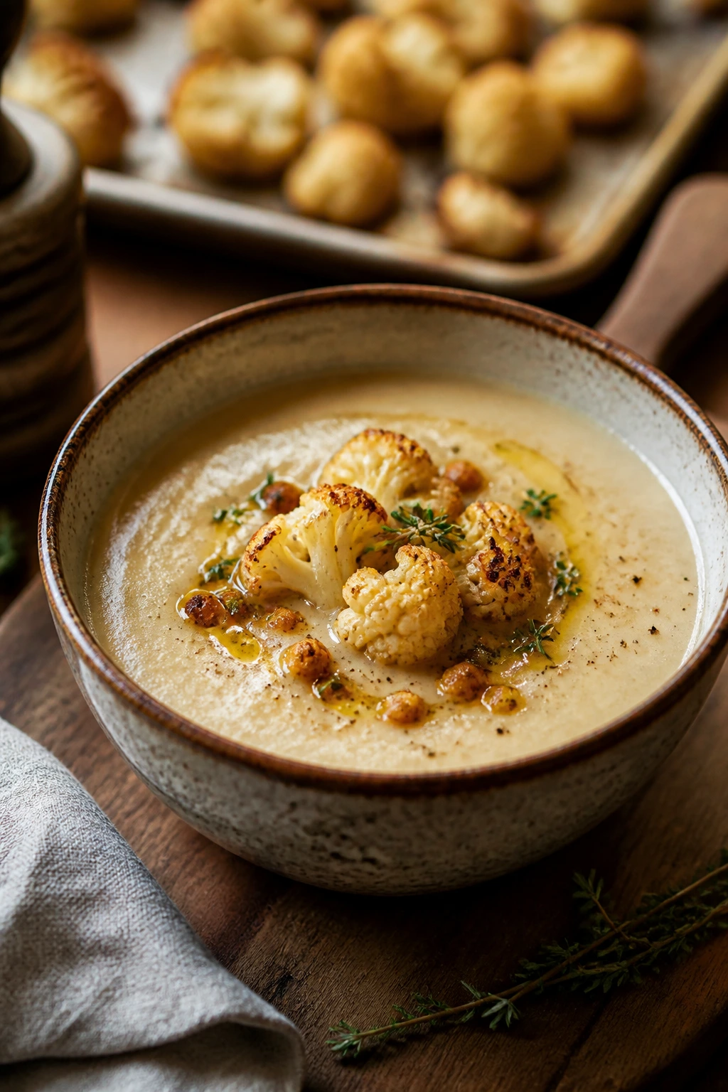 Creamy cauliflower soup in a rustic bowl with blurred roasted cauliflower background