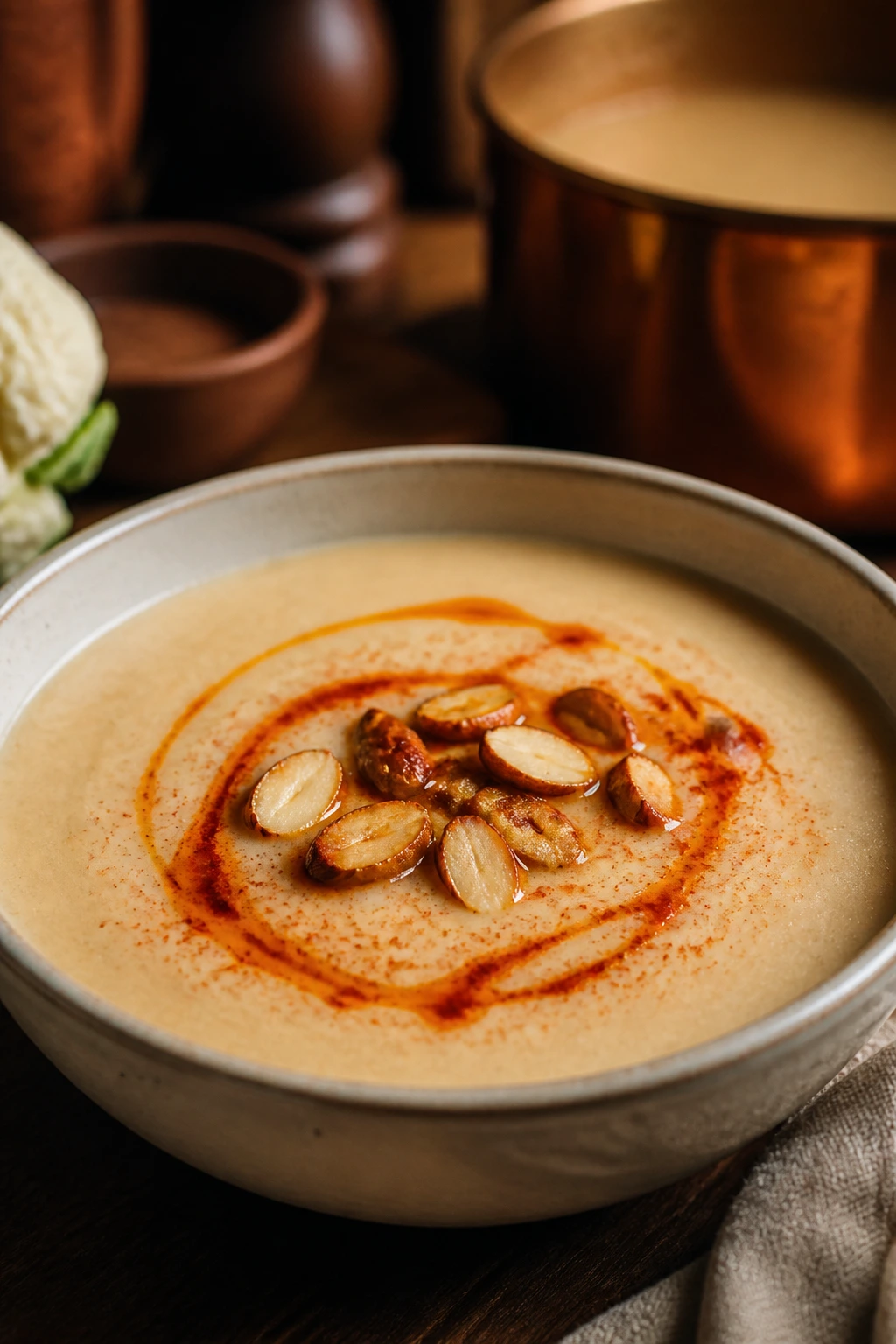 Cauliflower soup with smoky paprika swirl and almonds