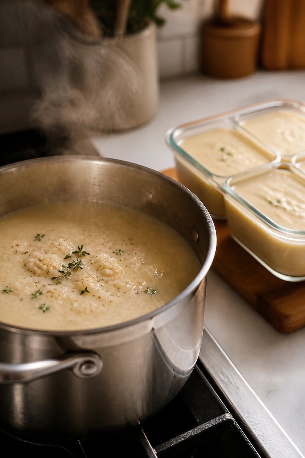 Pot of cauliflower soup on stove with containers for storage