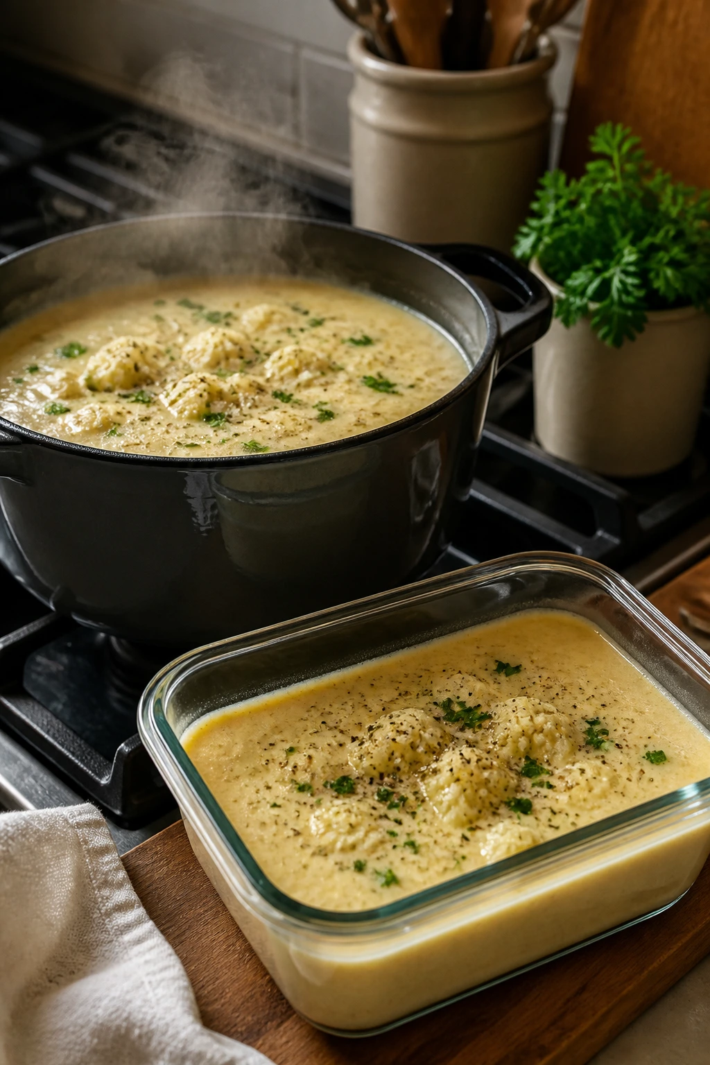 Pot of soup with storage container in a cozy kitchen
