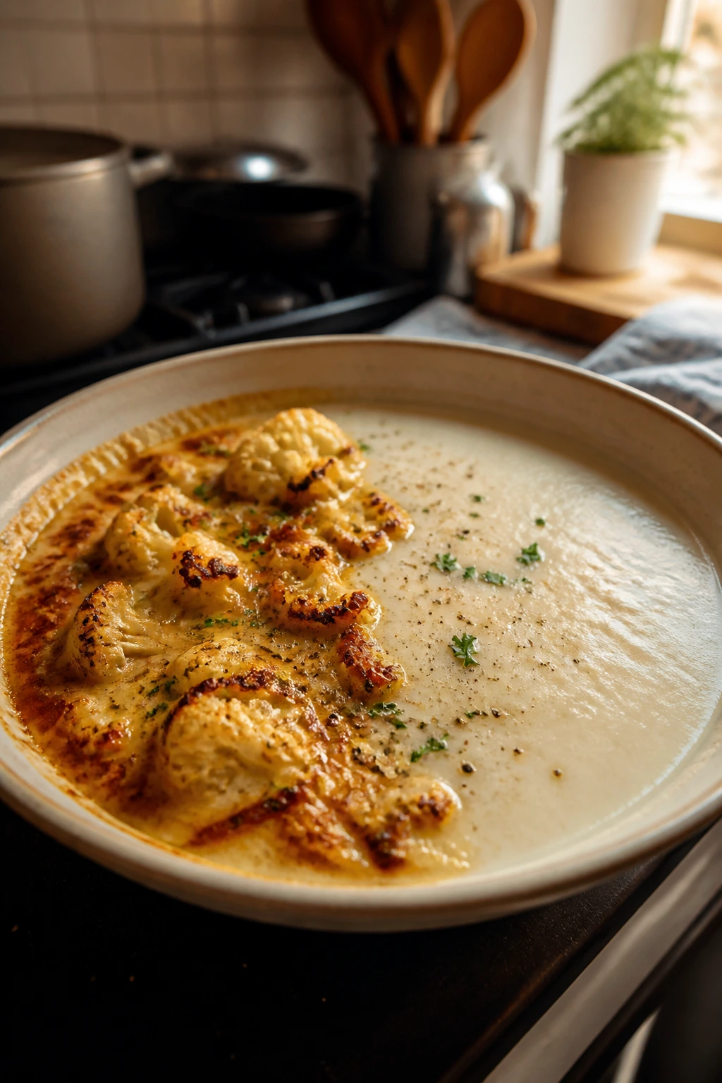 Close-up showing browned vs pale cauliflower soup texture to illustrate common mistakes