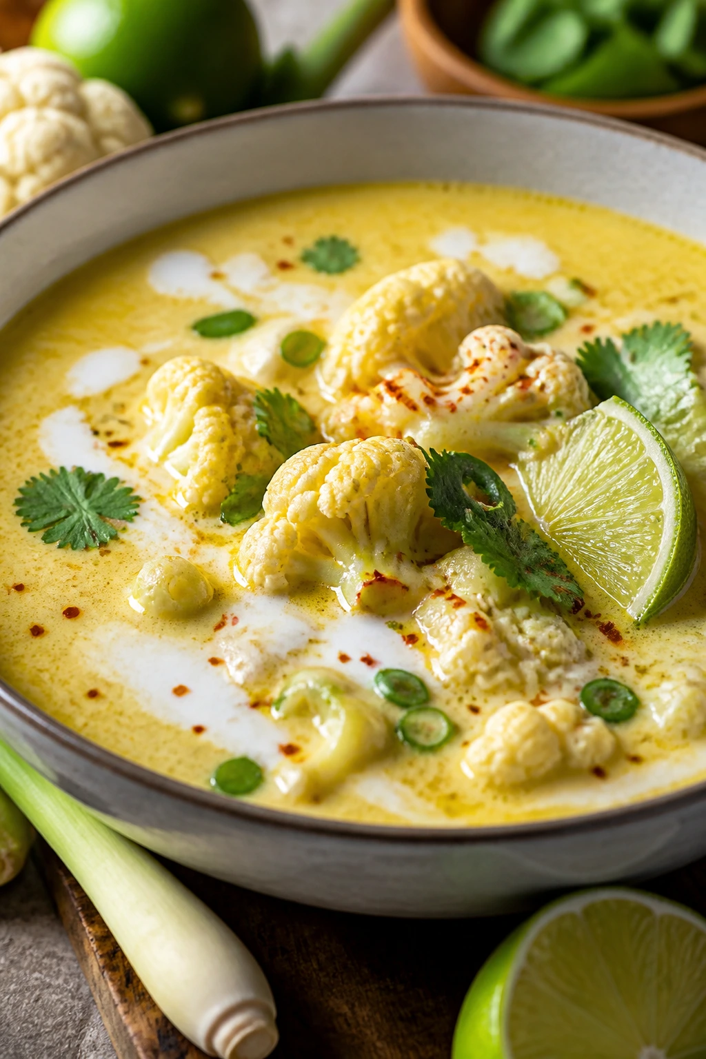 Thai cauliflower soup with lime and lemongrass in a bowl