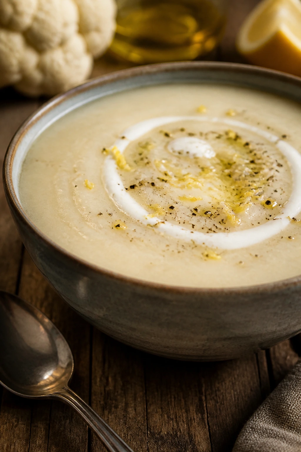 Velvety cauliflower soup in a bowl with cream swirl