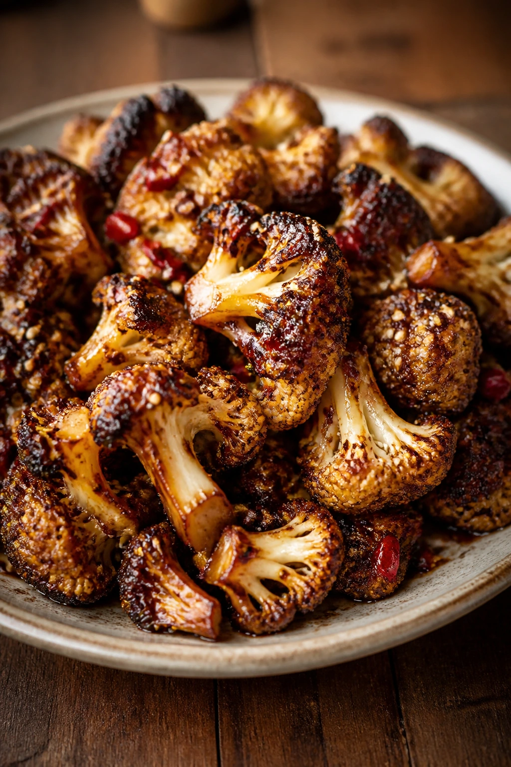 Close-up of charred cauliflower florets with soy-chili glaze filling the frame.