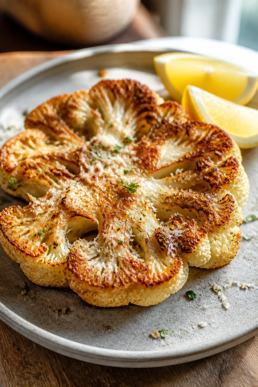 Close-up of a crispy cauliflower steak with Parmesan and lemon