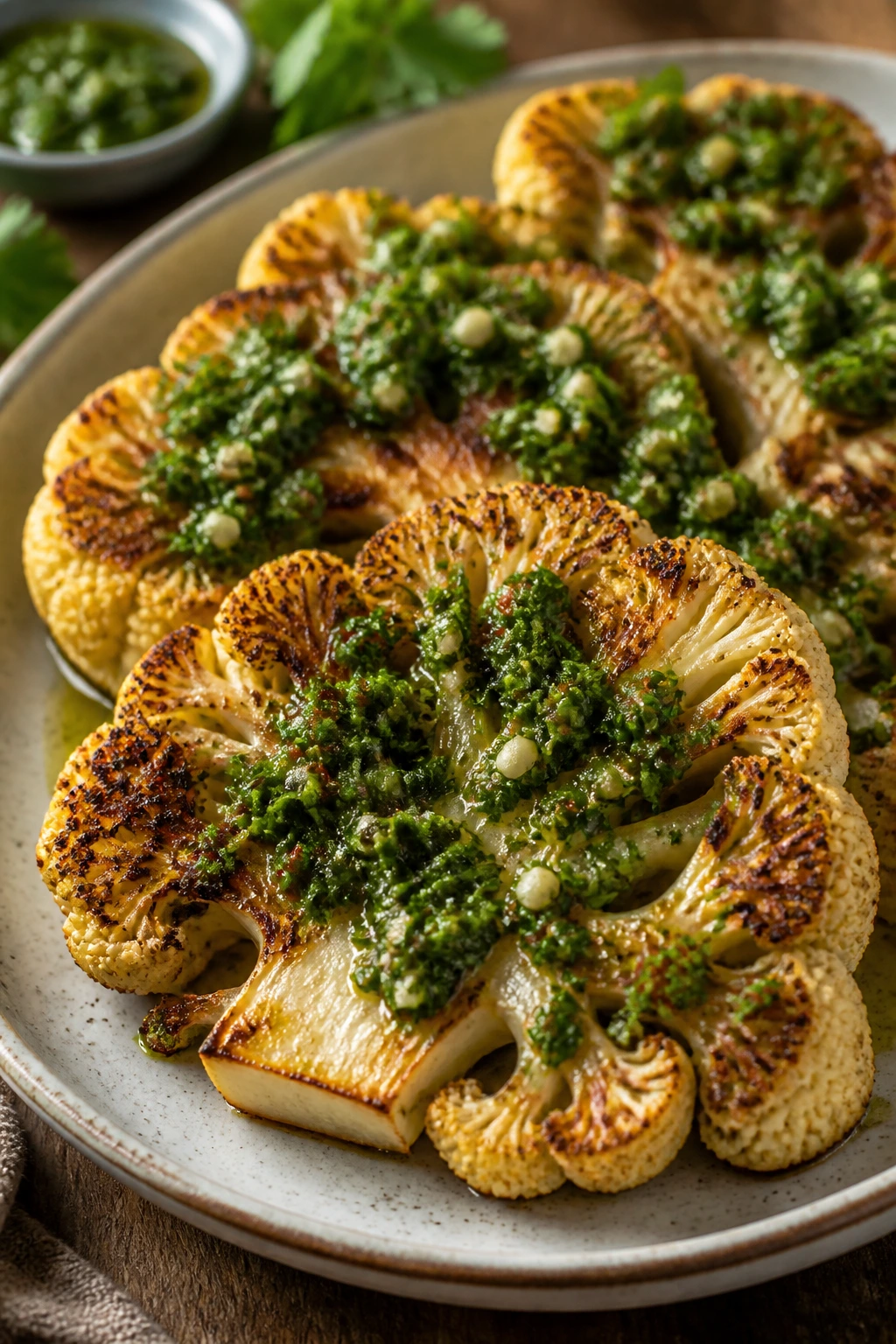 Cauliflower steak with chimichurri sauce on a plate