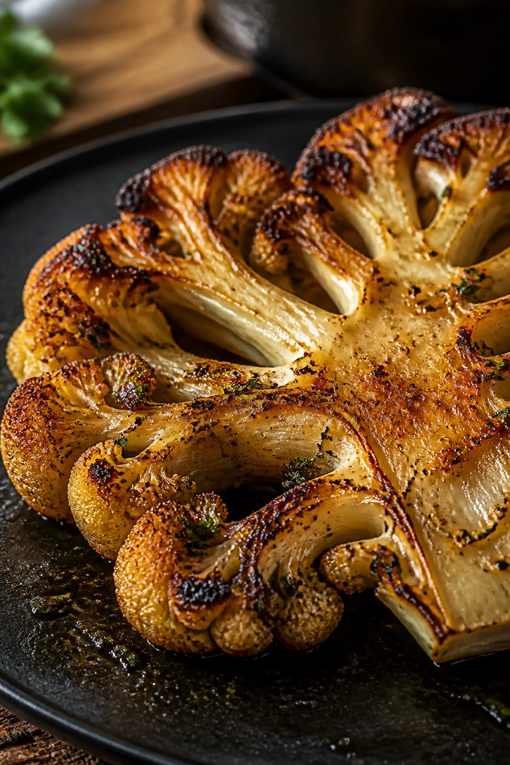 Close-up of a cauliflower steak with caramelized edges in a warm kitchen setting