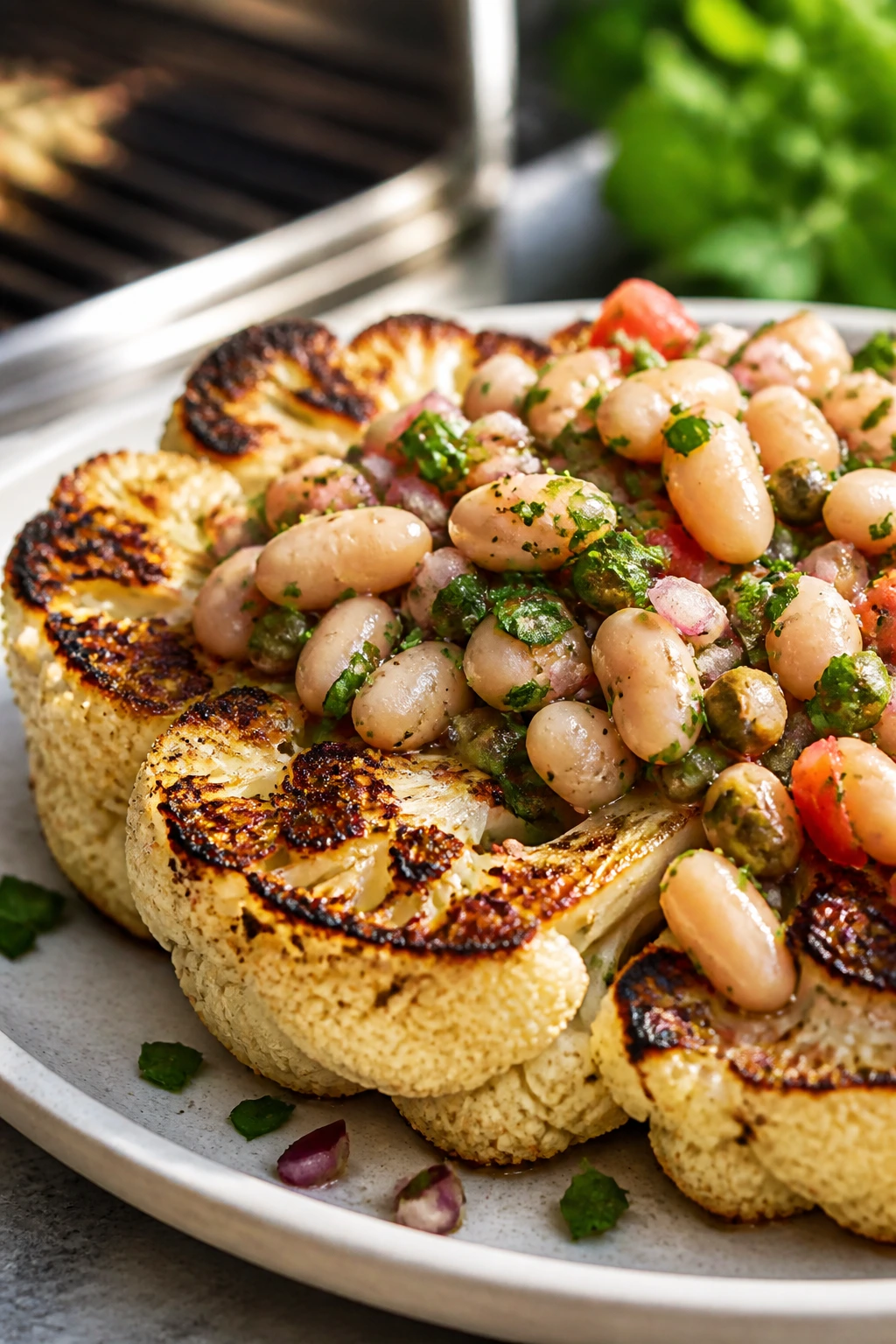 Cauliflower steak with white bean salsa on plate outdoors