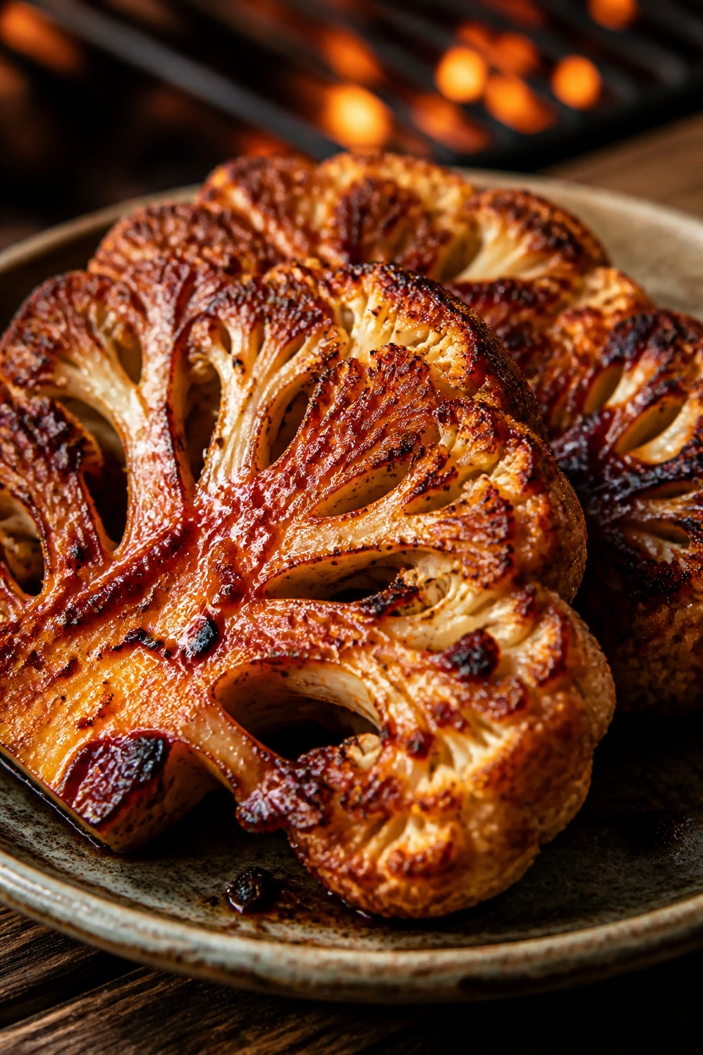 Close-up of BBQ cauliflower steak with crisp edges and glaze