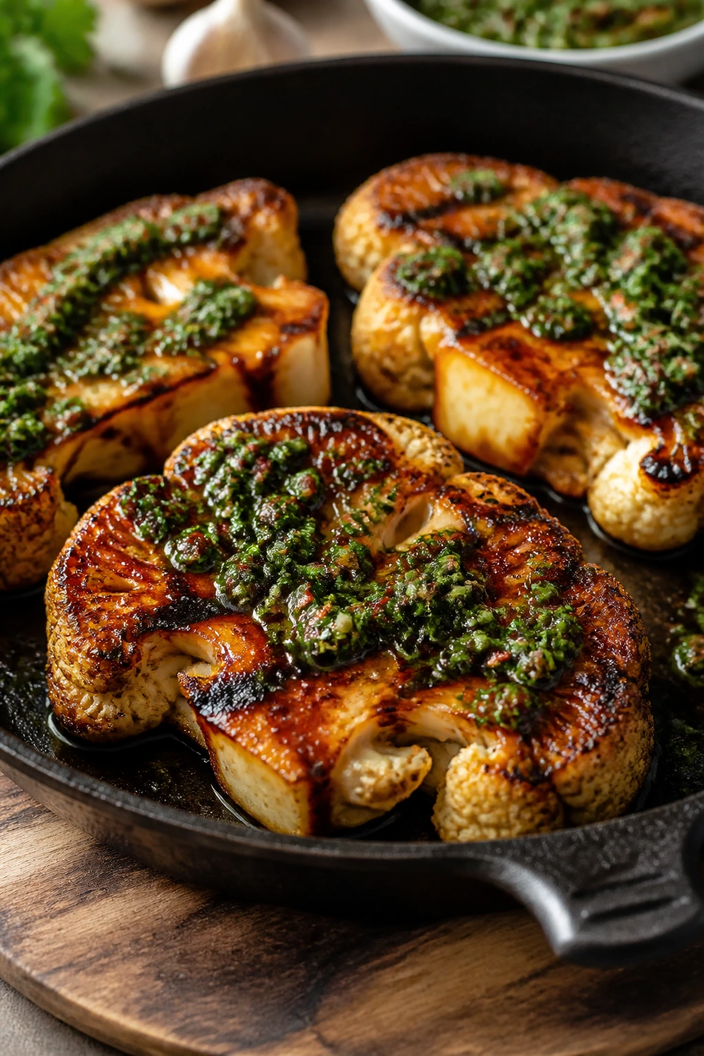 Close-up of BBQ cauliflower steaks with chimichurri on a rustic surface