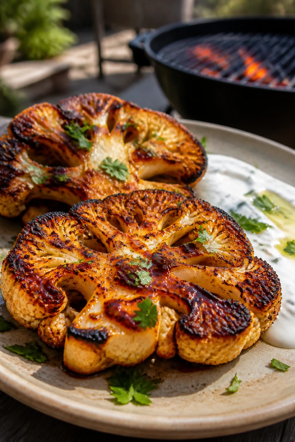 Cauliflower steaks with garlic yogurt on a grill in a backyard setting
