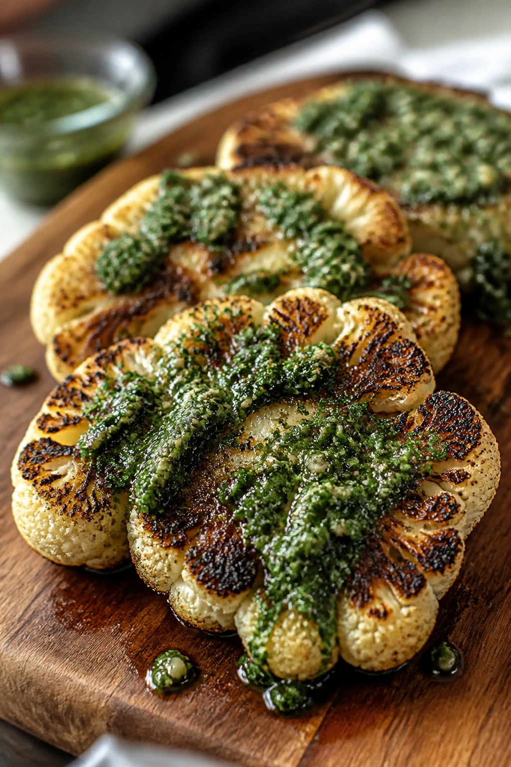 Cauliflower steaks with chimichurri on wooden board
