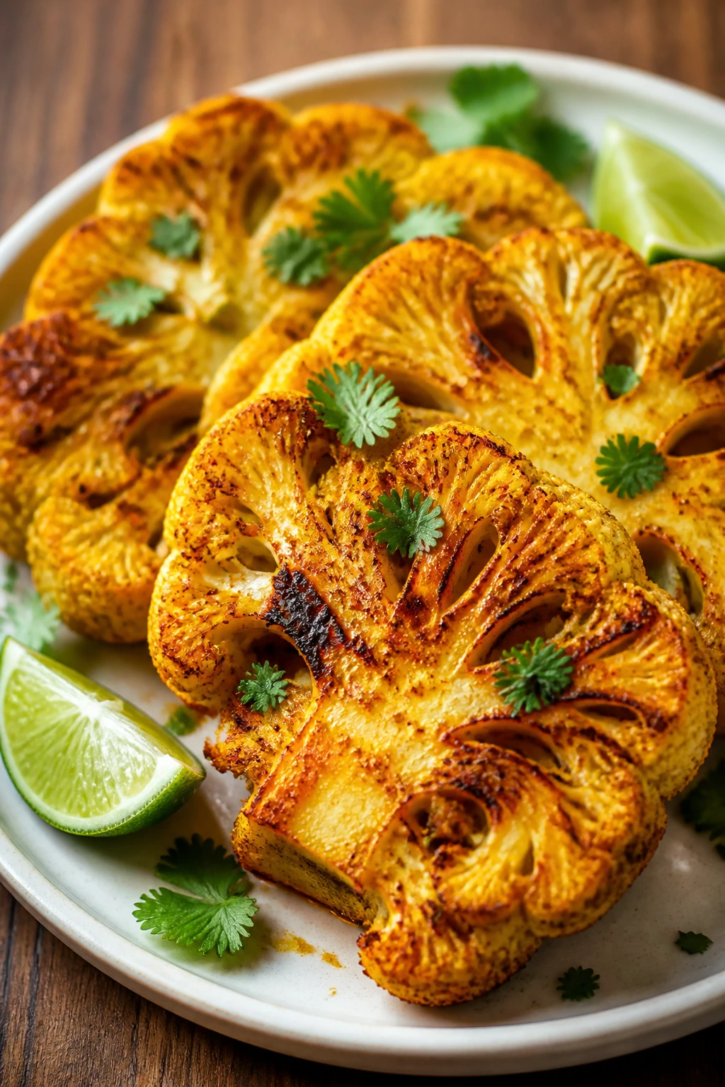 Close-up of curried cauliflower steaks with crust on a plate