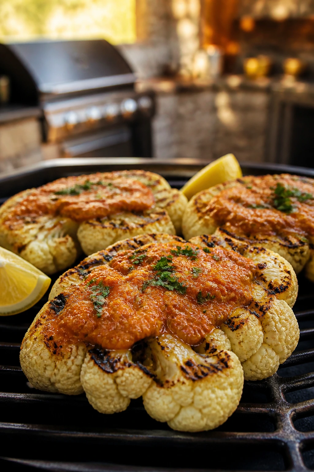 Grilled cauliflower steaks with romesco sauce on a rustic plate outdoors