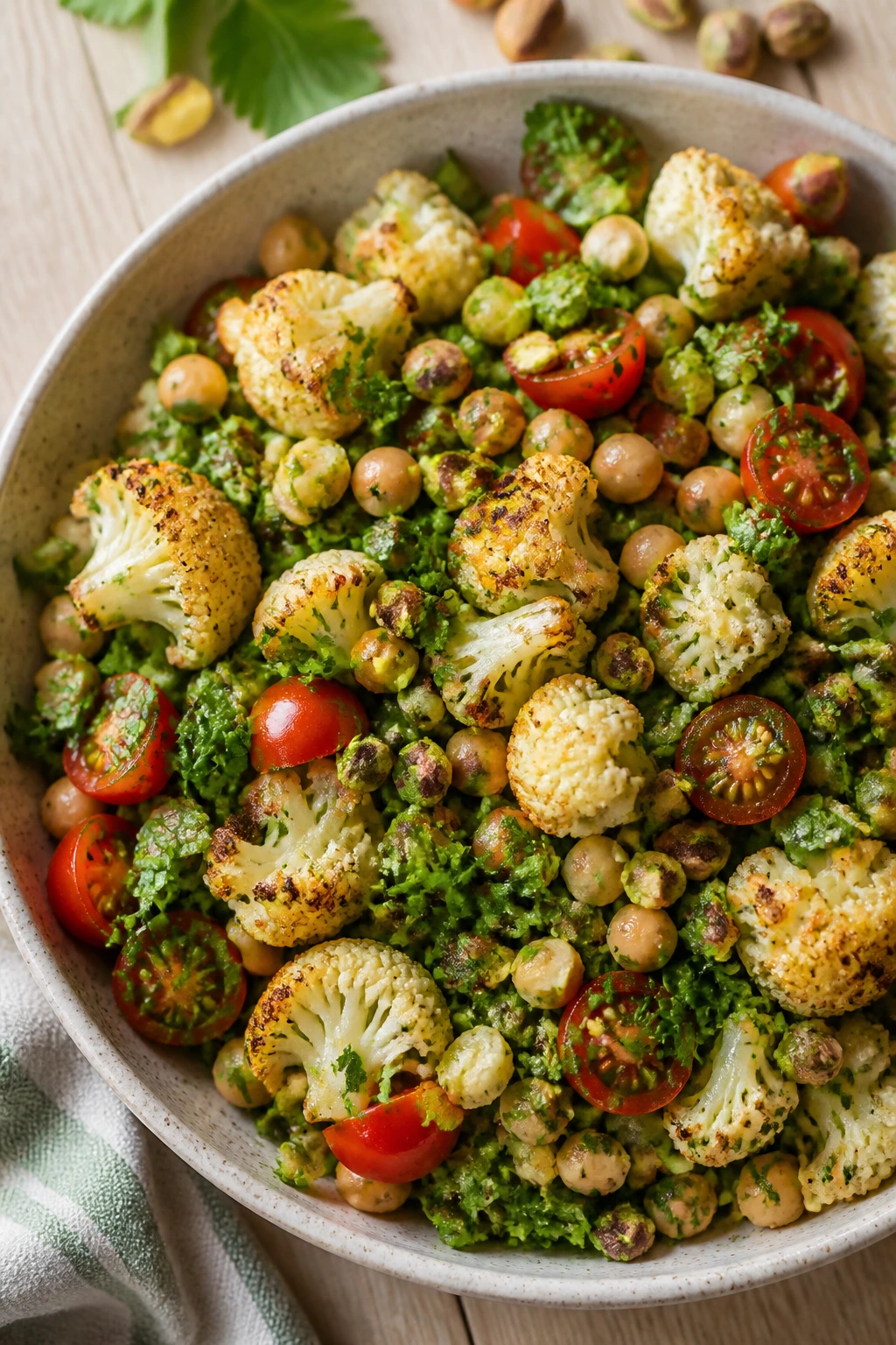 Close-up of roasted cauliflower tabbouleh with pistachios
