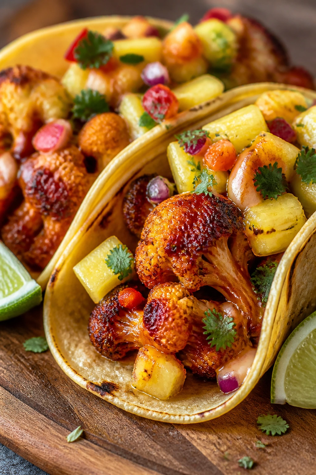 Close-up of BBQ cauliflower tacos with pineapple salsa on a rustic board