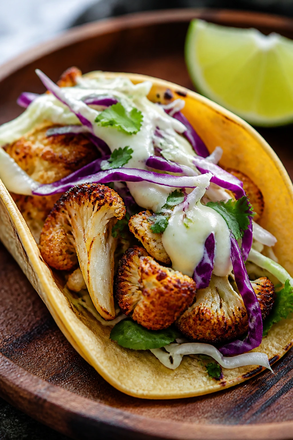 Close-up of a cauliflower taco with cabbage and crema on a wooden plate