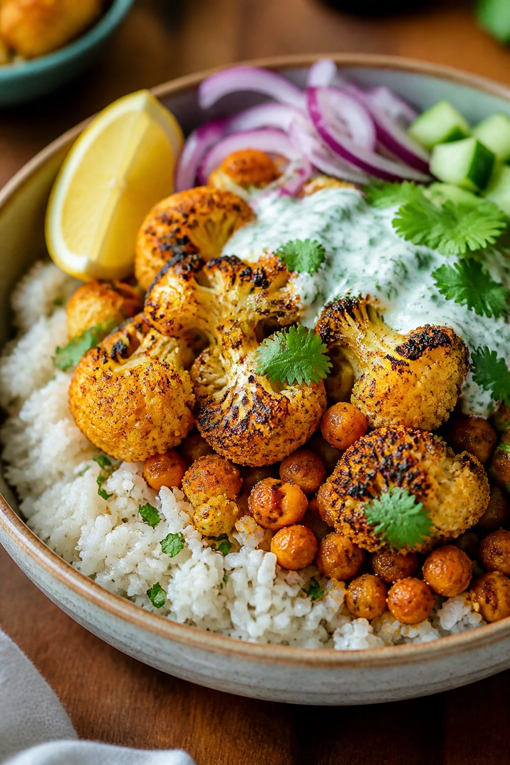 Close-up of cauliflower tikka bowls with rice and yogurt sauce