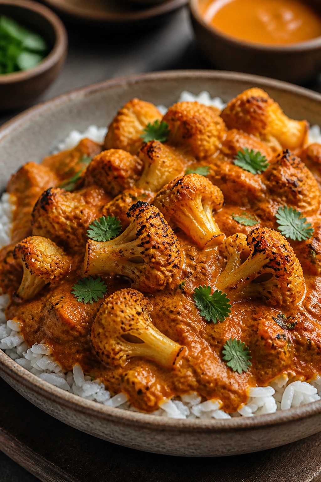 Close-up of roasted cauliflower in tikka masala sauce