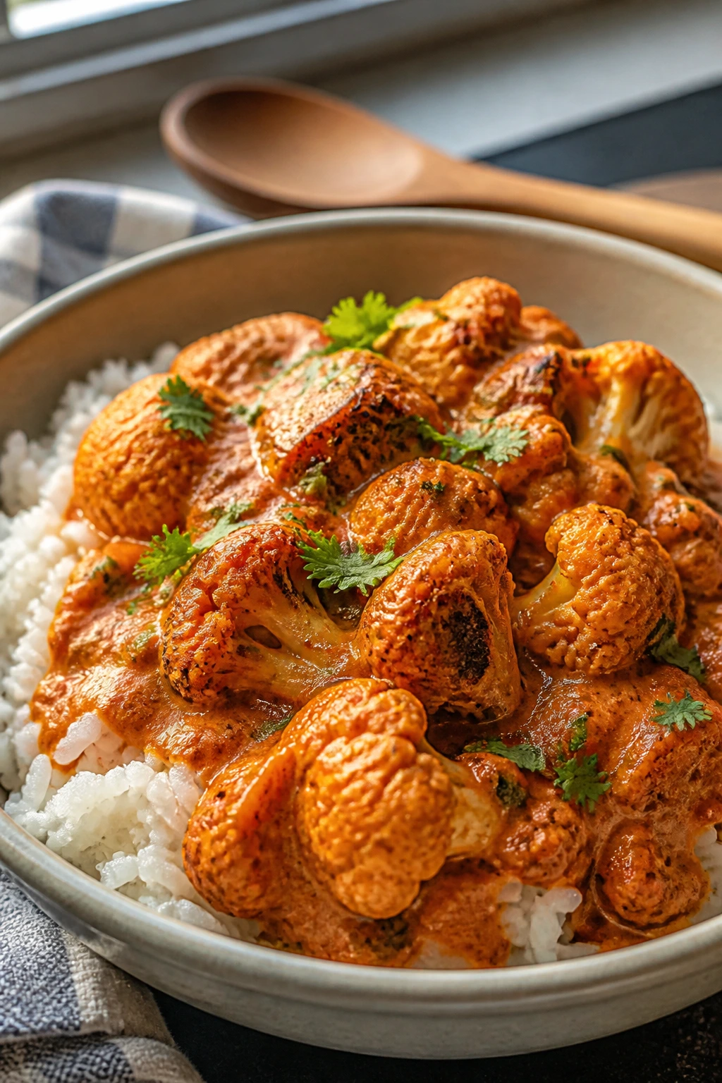 Cauliflower tikka masala with rice in a bowl