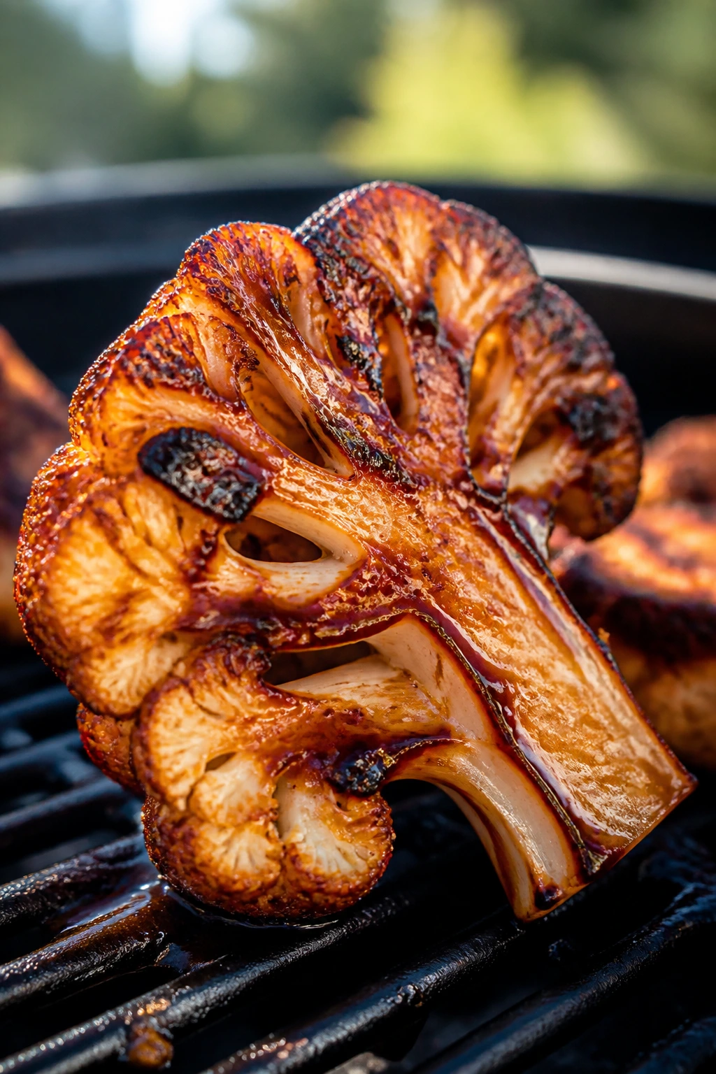 Cauliflower piece with grill marks and glaze on a wooden board