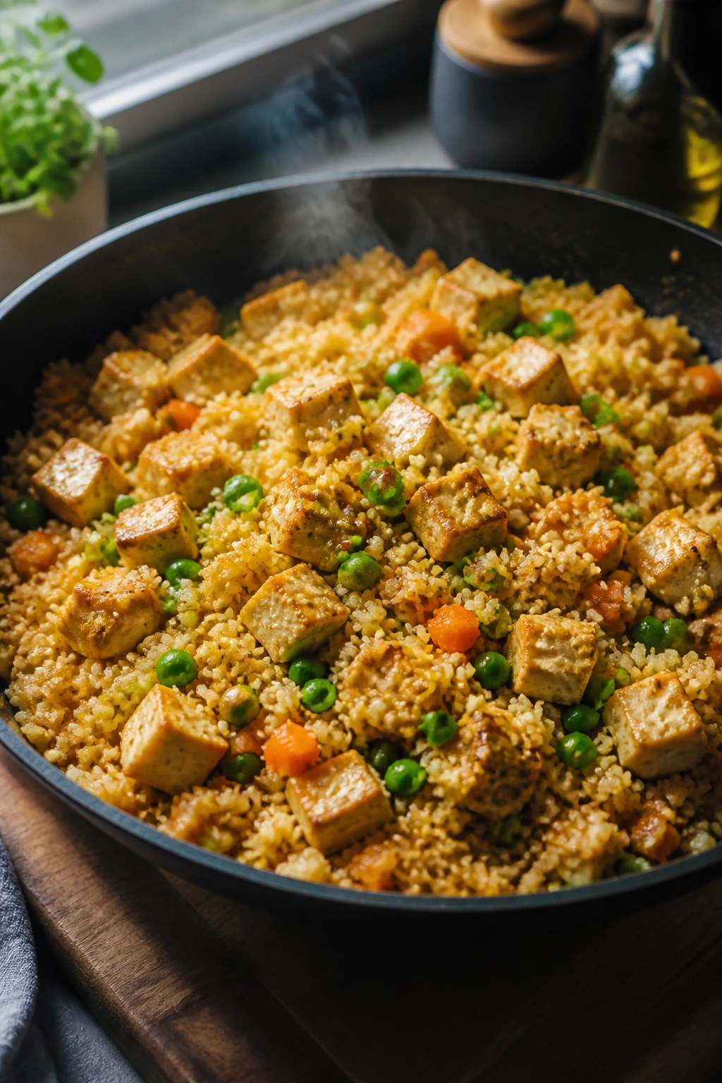 Close-up of cauliflower fried rice with tofu in a skillet with vegetables