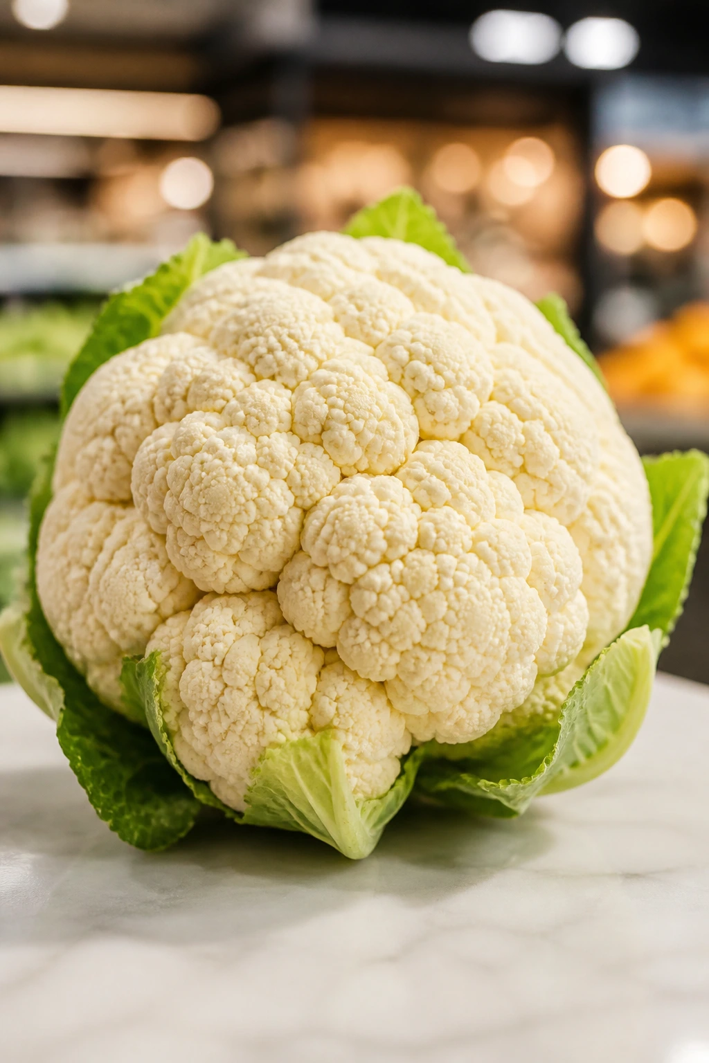 Head of cauliflower filling the frame on a kitchen counter with soft background