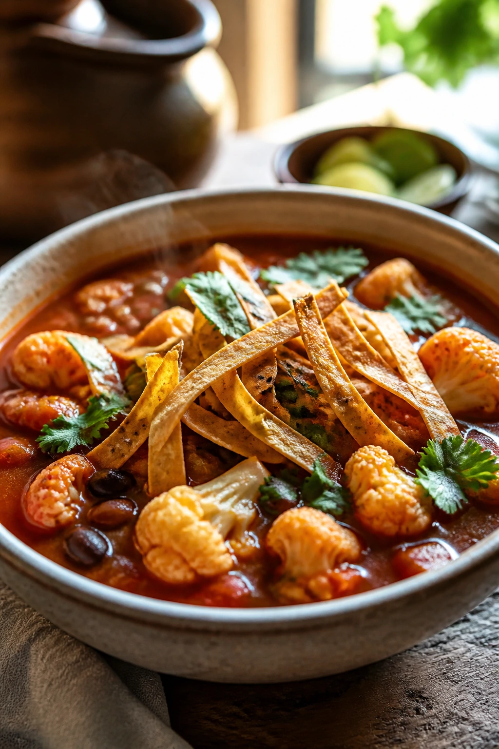 Close-up of Cauliflower Tortilla Soup in a rustic bowl with tortilla strips