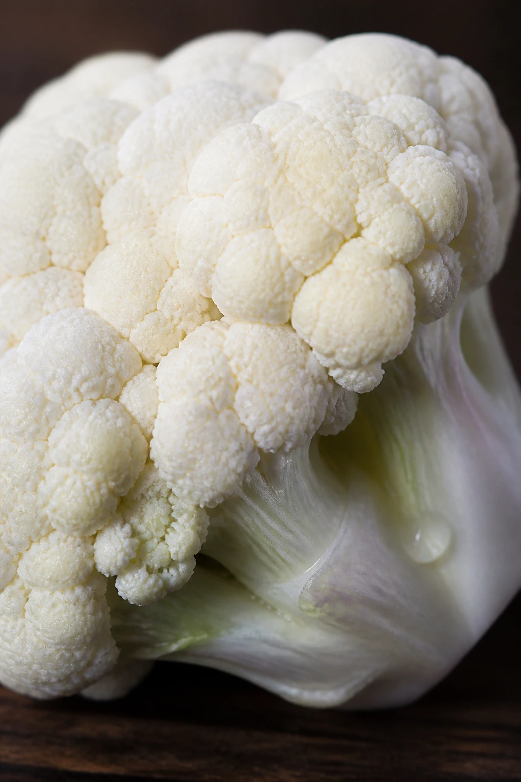 Cauliflower floret close-up on dark wood