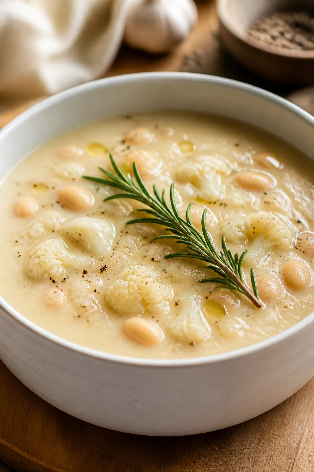 Creamy cauliflower white bean soup with rosemary in a bright kitchen